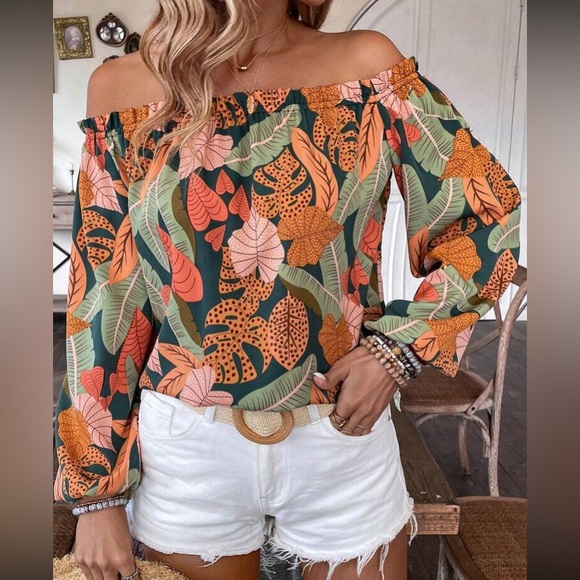 Boho floral tropical print off shoulder blouse